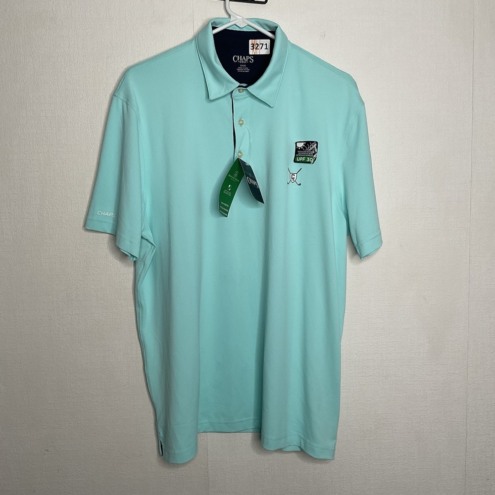 CHAPS Golf Polo Men's Size L Aruba Blue/Light Turquoise Shorts Sleeve Shirt UPF - Picture 12 of 14